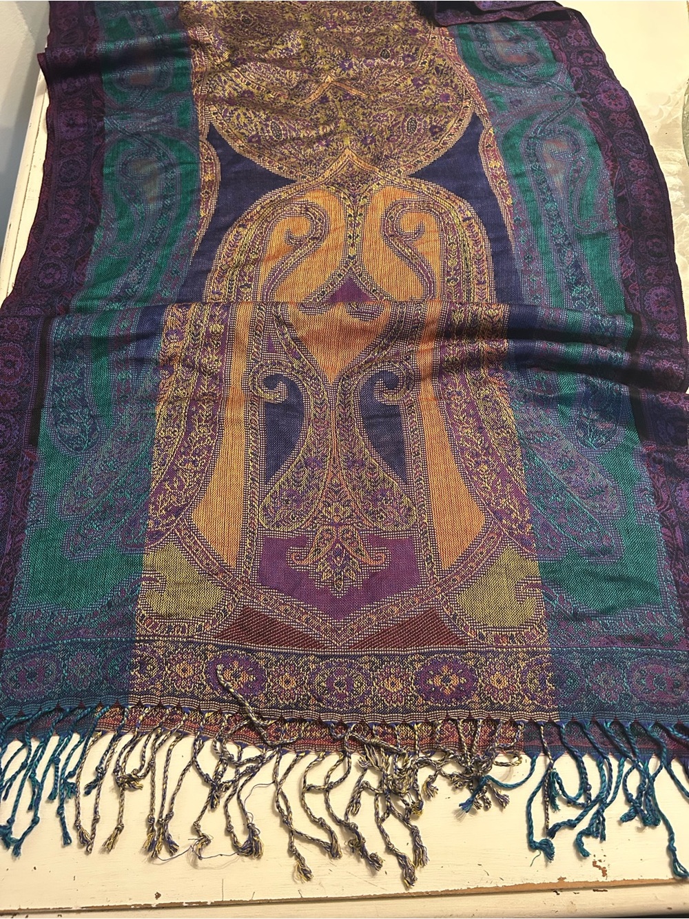 Charming Charlie rayon scarf 82“ x 23“ purple/blue multi with fringe